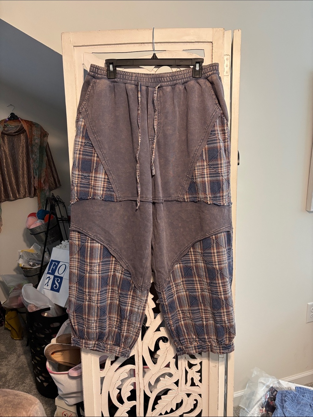 Plaid Patchwork Jogger Pants - Blue Gray